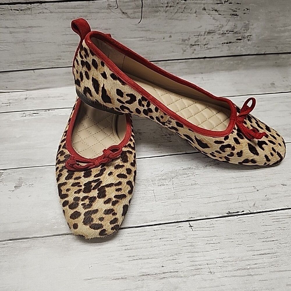 J. McLAUGHLIN Anastasia Leopard Calf Hair Ballet Flats Red Trim Sz 7.5 - Picture 9 of 12